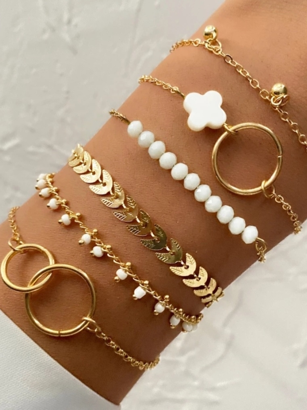 Gold and White Layered Bracelet Set